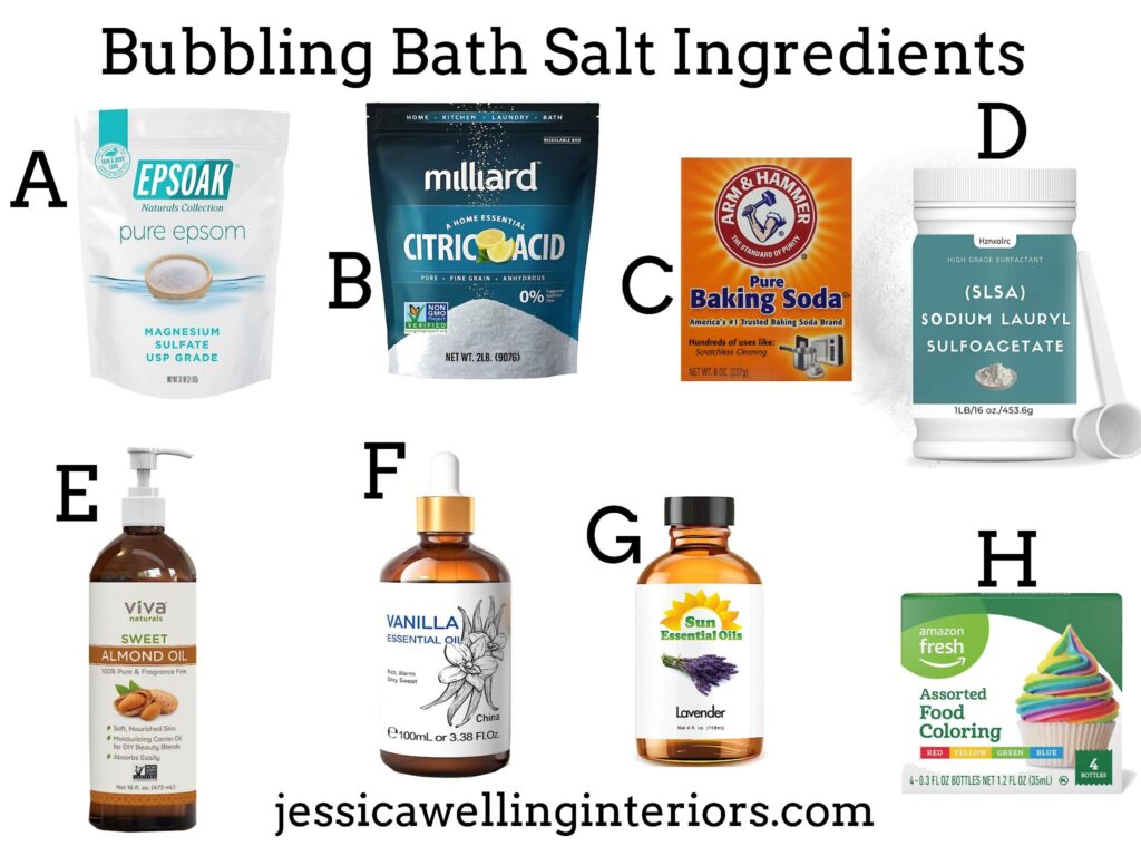 Bubbling Bath Salt Ingredients: collage of ingredients including epsom salt, citric acid, SLSA, and essential oils