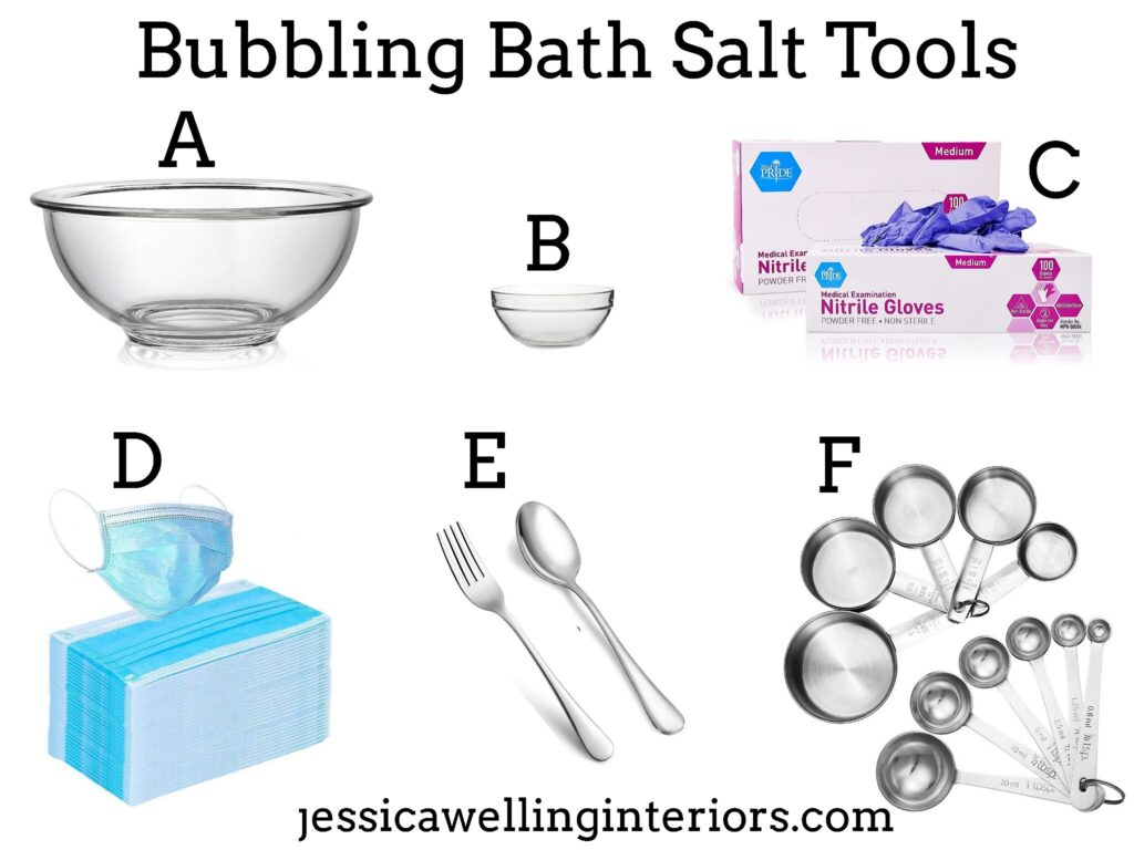 Bubbling Bath Salt Tools: collage of kitchen tools including a mixing bowl, nitrile gloves, and measuring cups and spoons