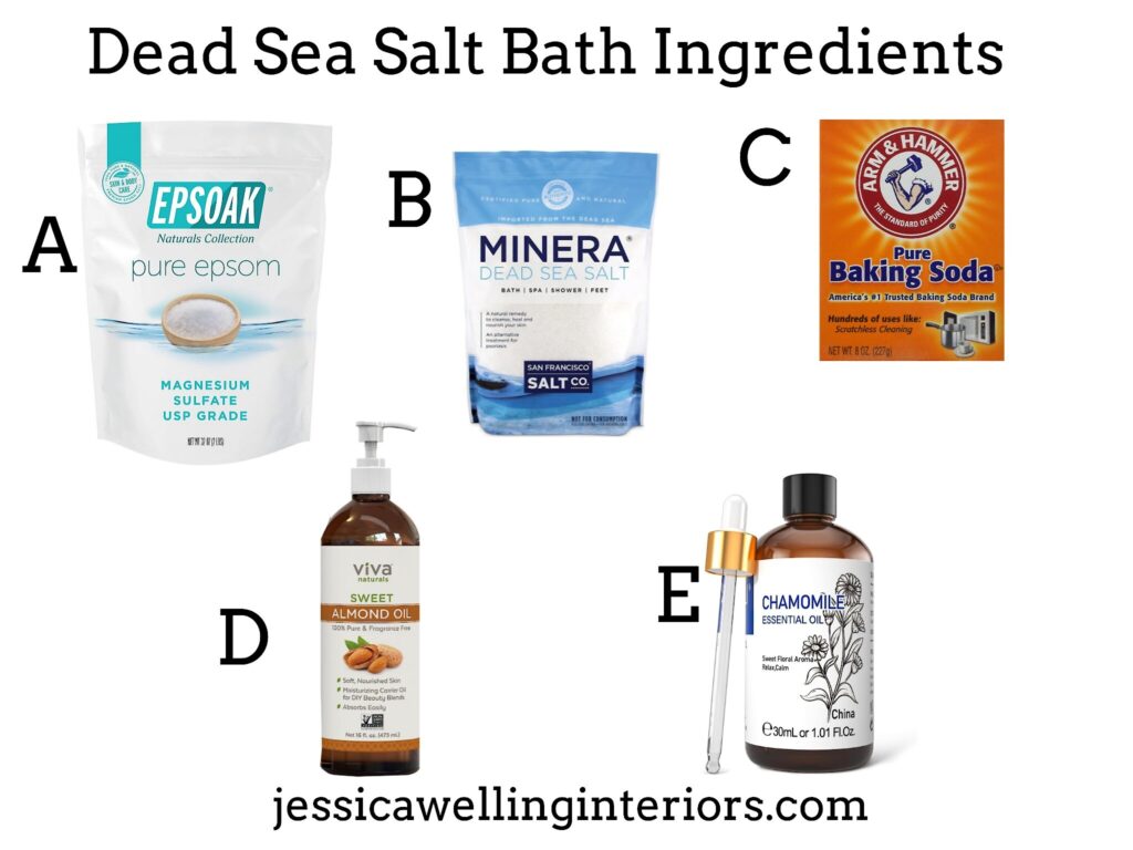 Dead Sea Salt Bath Ingredients: collage of ingredients including epsom salt, Dead Sea salt, and essential oils