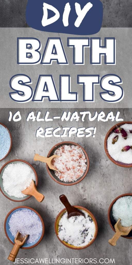 DIY Bath Salts: 10 All-natural recipes! overhead view of several bowls of homemade bath salts