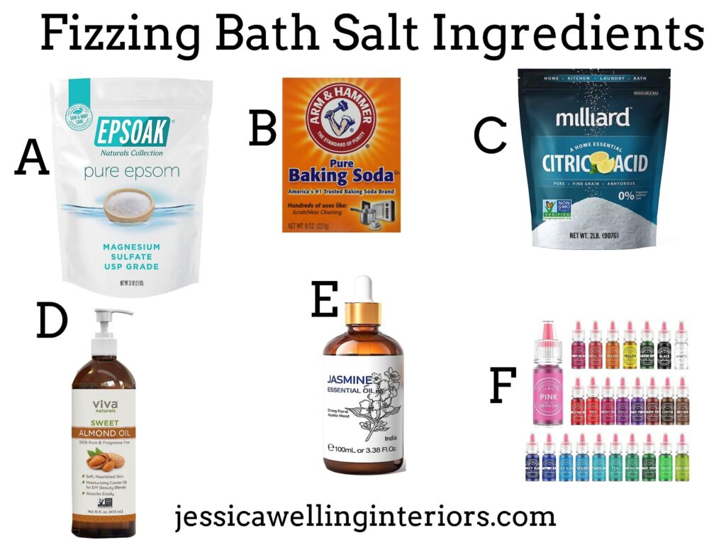 Fizzing Bath Salt Ingredients: collage of ingredients including epsom salt, baking soda, and essential oils