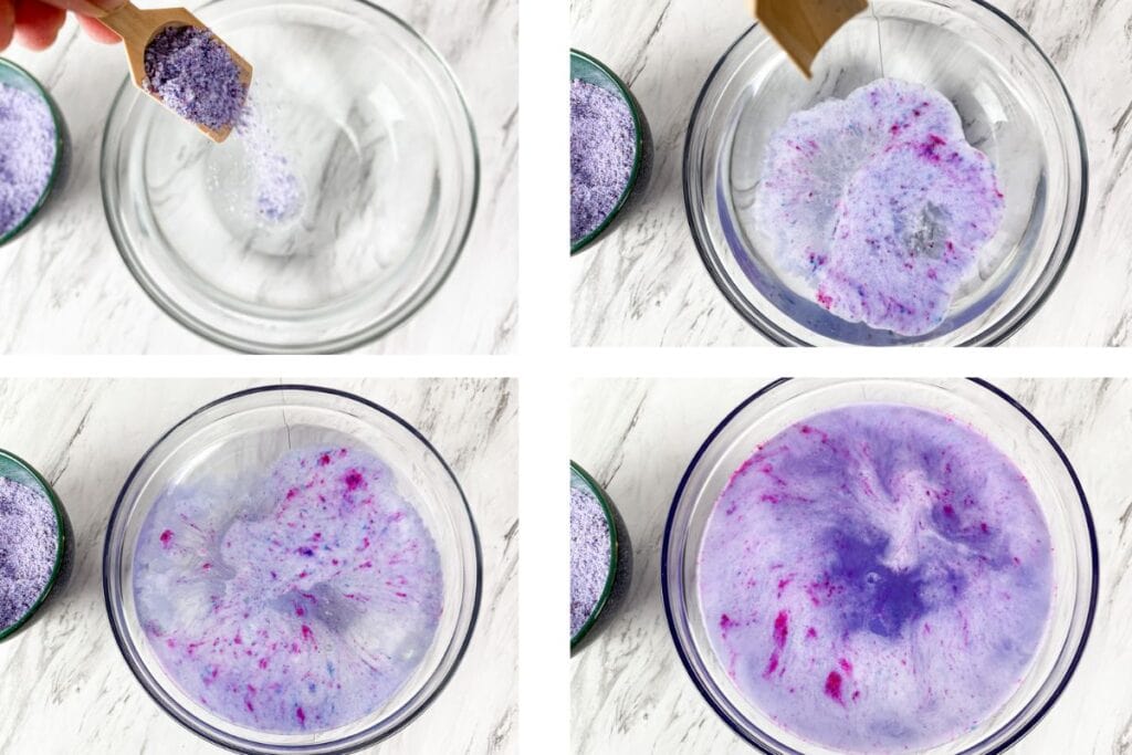 collage of 4 images showing fizzy bath salts being added to warm water and fizzing and dissolving