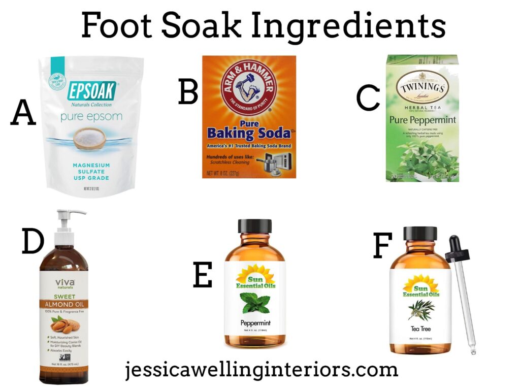 Foot Soak Ingredients: collage of epsom salt, baking soda, peppermint tea, and essential oils