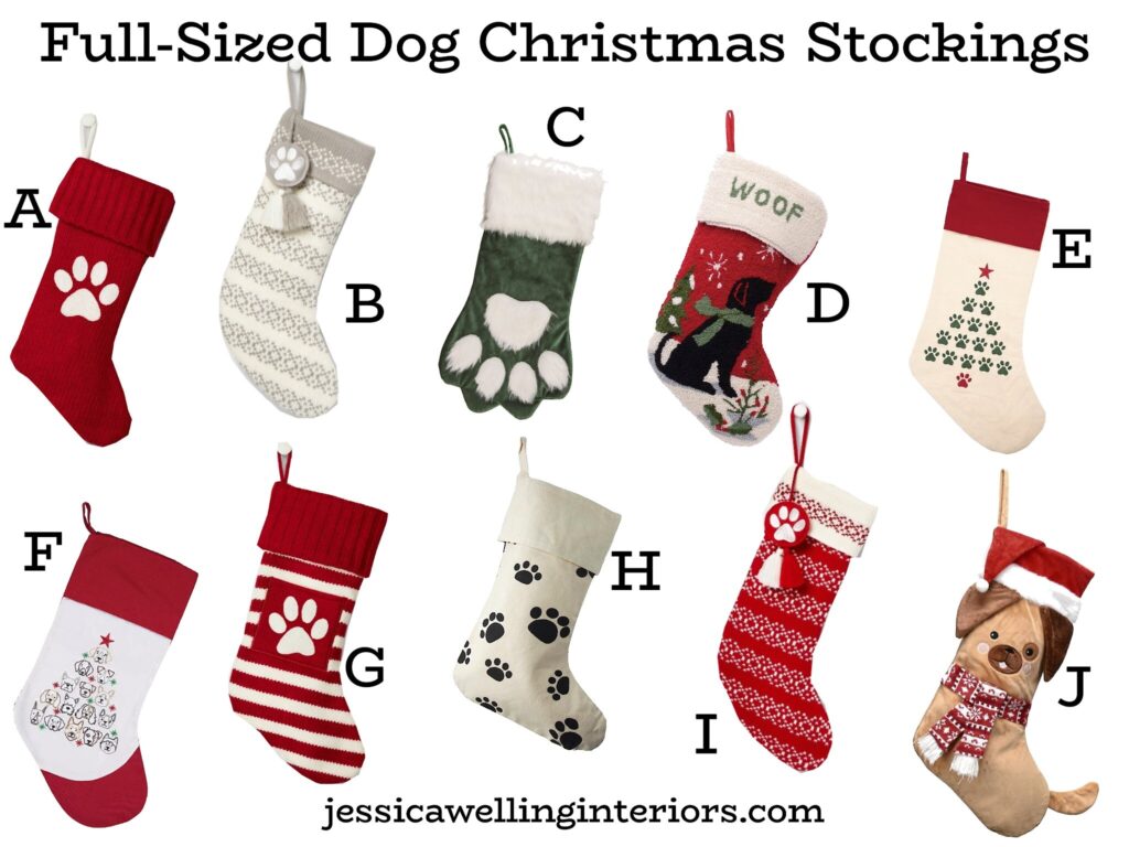 Full-Sized Dog Christmas Stockings: collage of 10 different cute dog stockings with paw prints, 