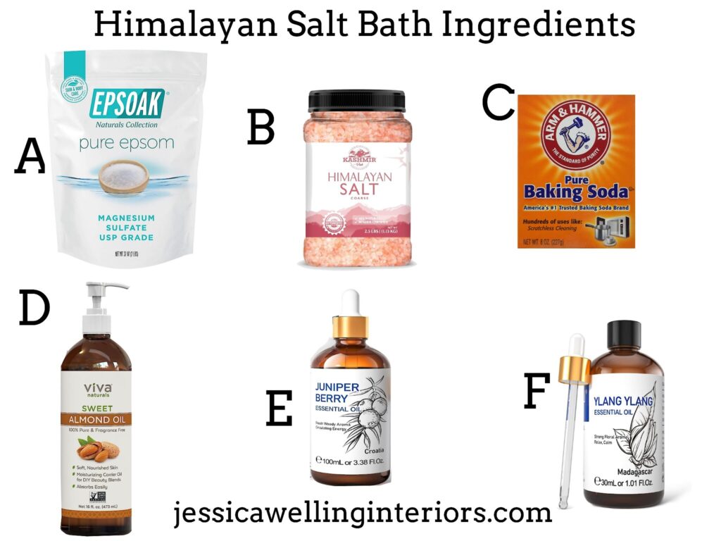 Himalayan Salt Bath Ingredients: collage of ingredients including epsom salt, himalayan pink salt, and essential oils