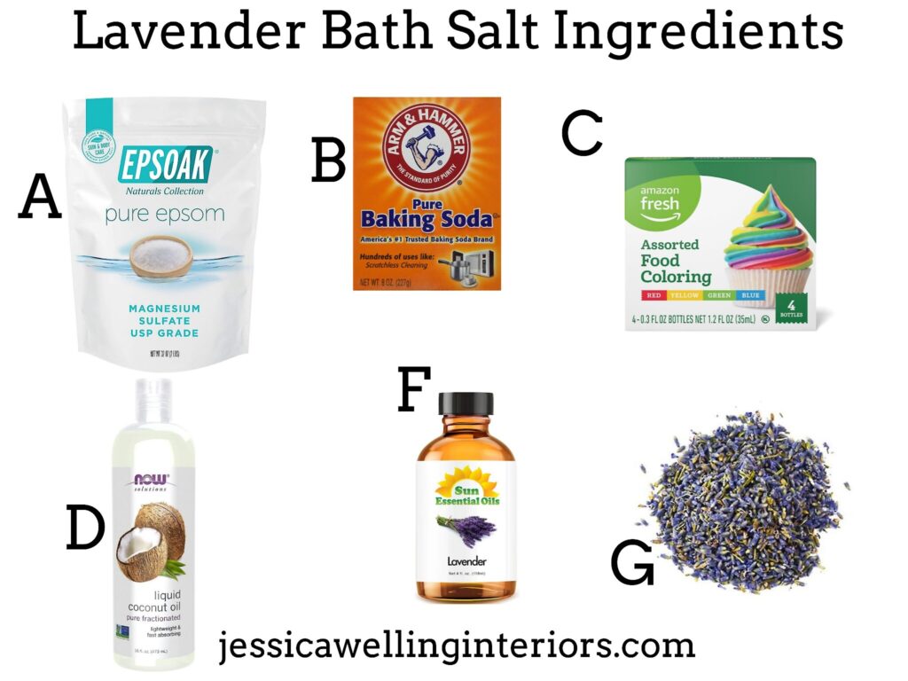 lavender Bath salt ingredients: collage of ingredients including epsom salt, baking soda, coconut oil, lavender essential oil, and lavender buds