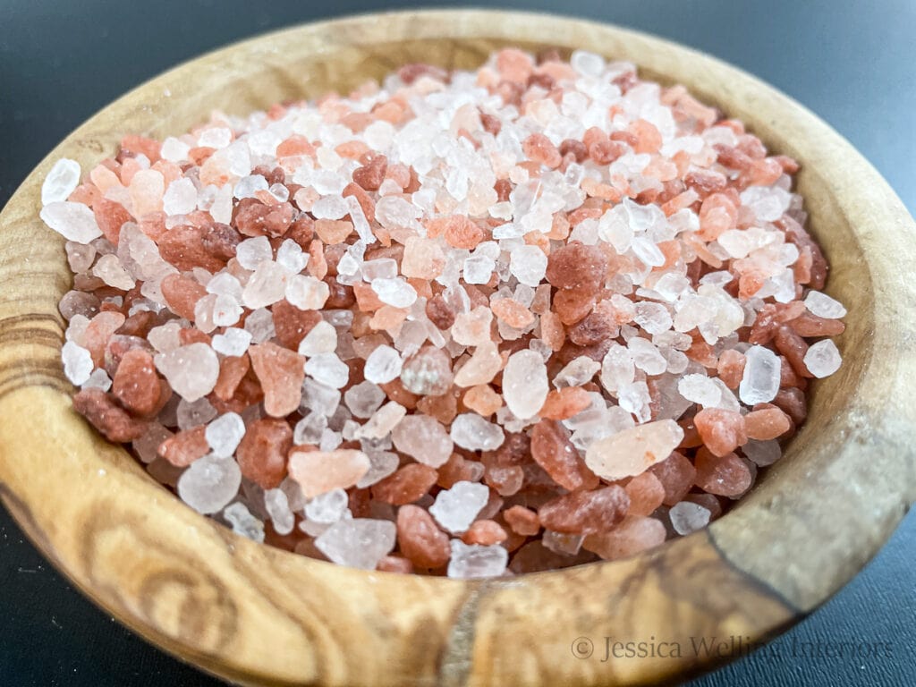bowl of large pink Himalayan salt crystals
