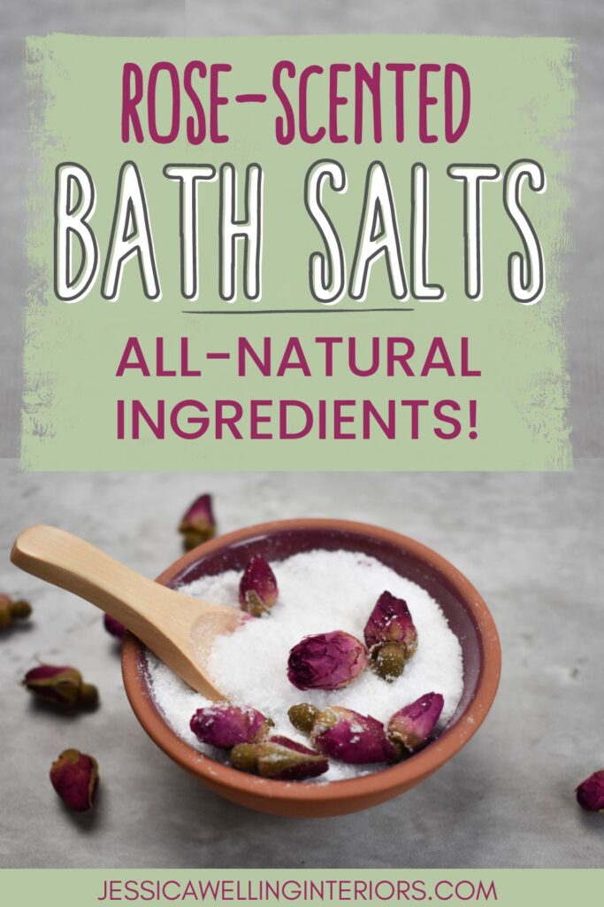 Rose-Scented Bath Salts with All-Natural Ingredients: bowl of homemade bath salts with rose buds