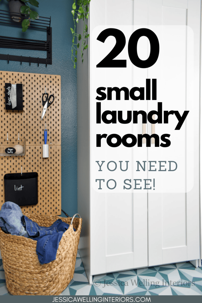 20 small laundry rooms you need to see! modern laundry room with a wall-mounted pegboard, clothes drying rack, and storage cabinet