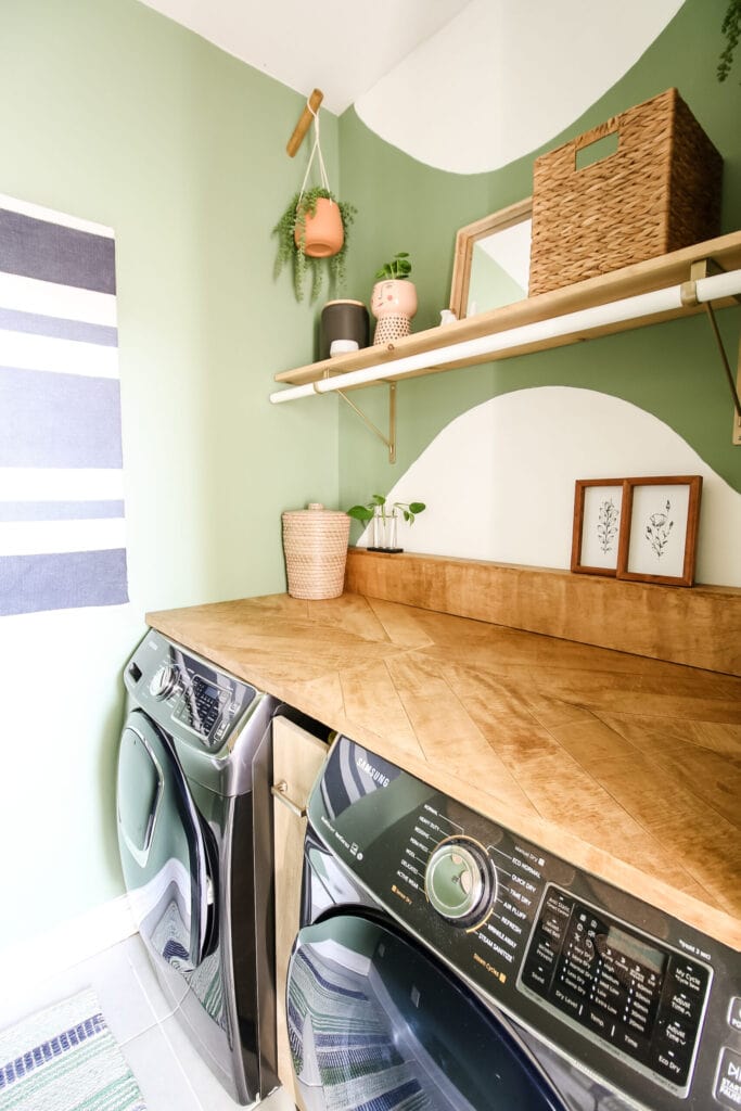 modern Boho laundry room with a DIY wood countertop and hanging plants
