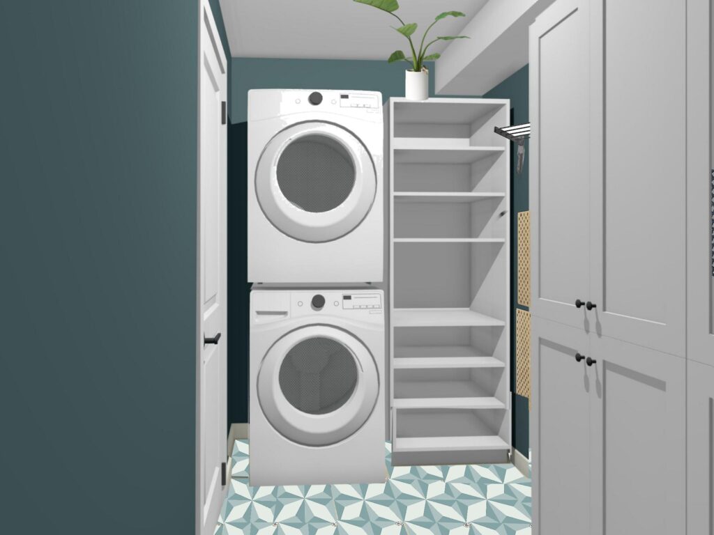 3D design board of a modern laundry room with a stacked washer and dryer