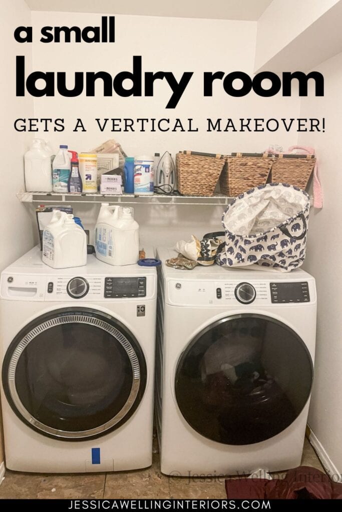 A Small Laundry Room Gets a Vertical Makeover! Before photo of a washer and dryer with detergent and cleaning supplies piled on top