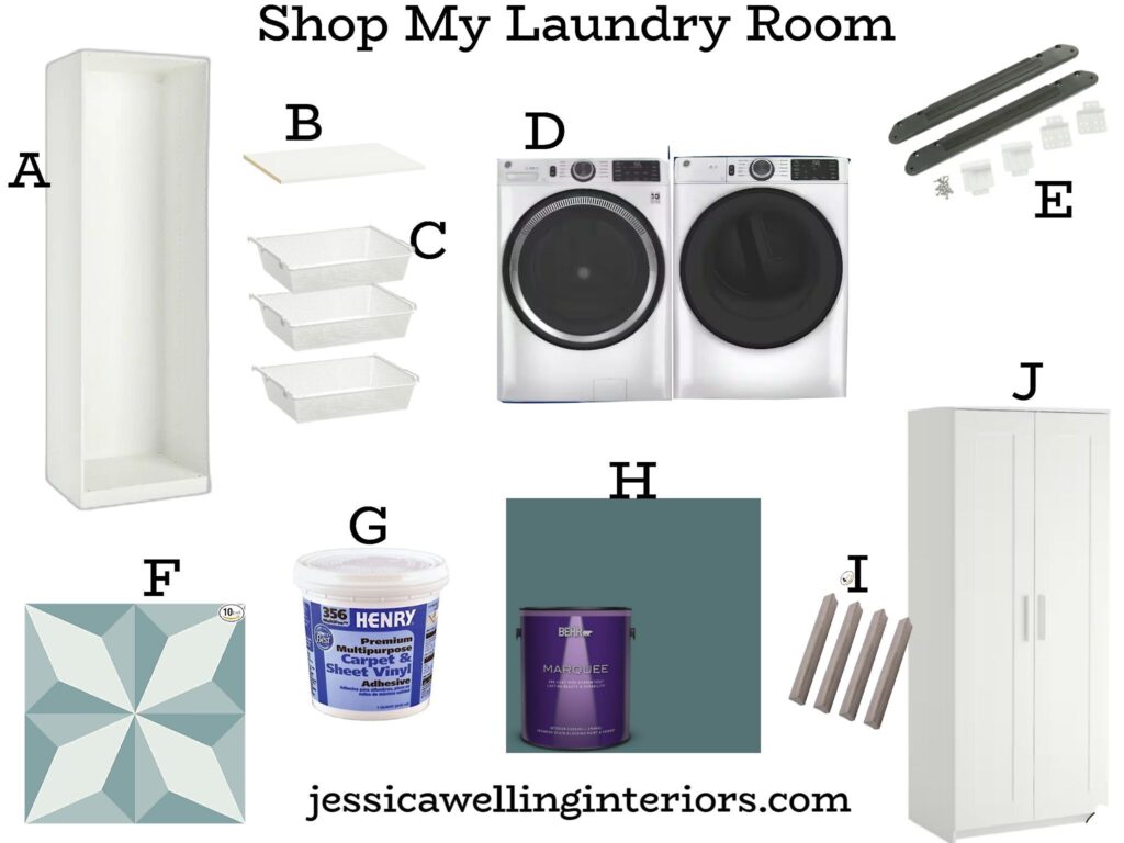 Shop My Laundry Room: collage of laundry room cabinets, washer and dryer, etc.
