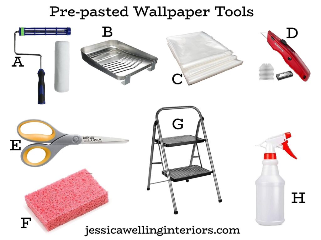 Pre-pasted wallpaper tools: collage of tools including a paint roller and tray, drop cloth, sponge, etc.