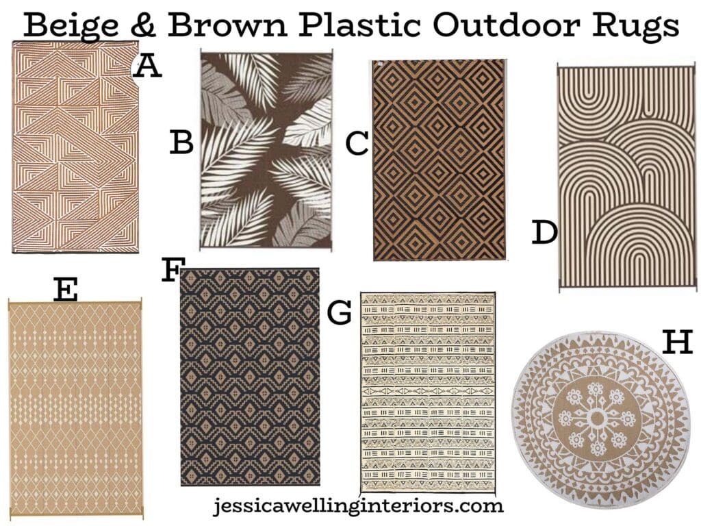 Beige & Brown Plastic Outdoor Rugs: collage of plastic indoor/outdoor rugs in beige and brown