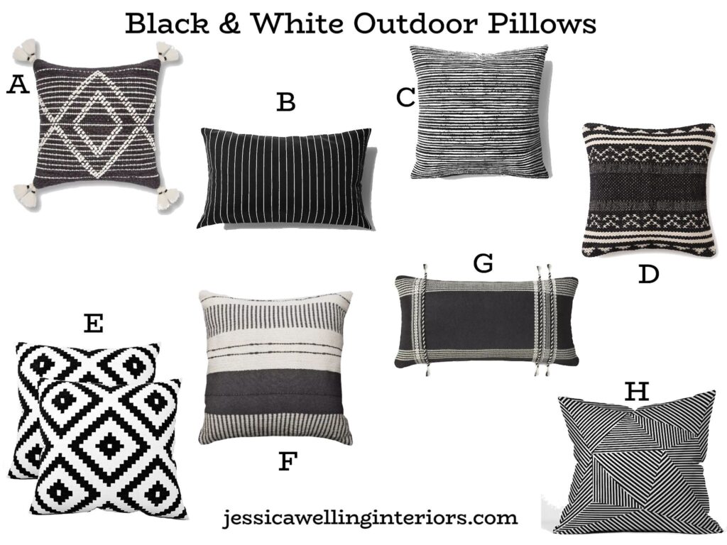 black & white outdoor pillows: collage of black & white patio pillows