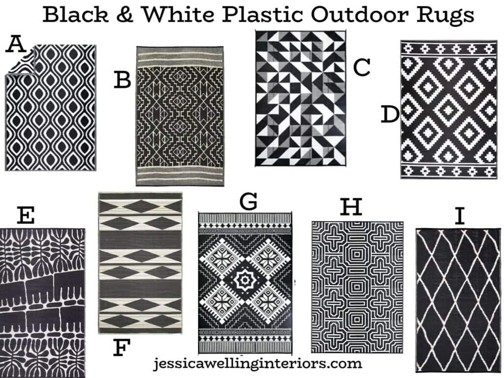 Black & White Plastic Outdoor Rugs: collection of 9 different woven plastic patio rugs in black and white patterns
