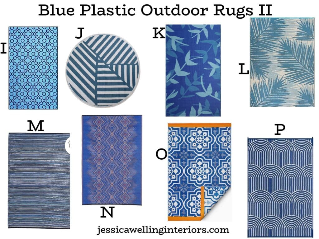 Blue Plastic Outdoor Rugs II: collage of 8 blue Rio mats for decks and patios