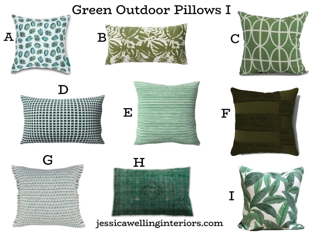 Green Outdoor Pillows I: collage of 9 outdoor pillows in green with Boho details
