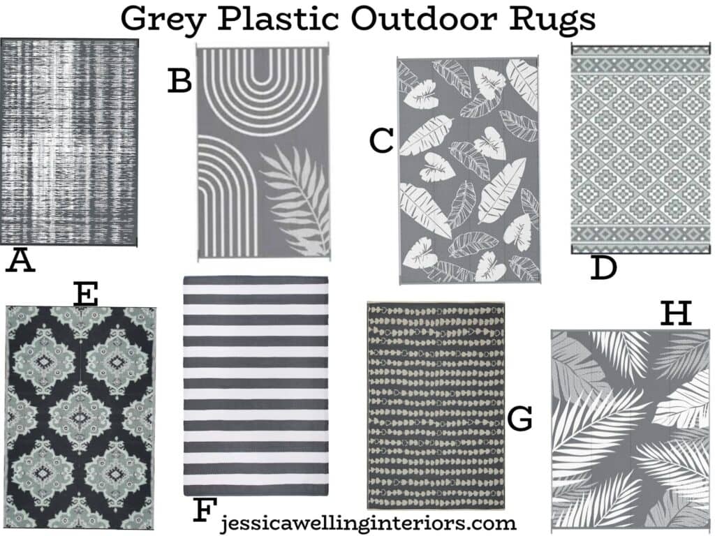 Grey Plastic Outdoor Rugs: collage of eight grey plastic outdoor rugs with modern Boho designs