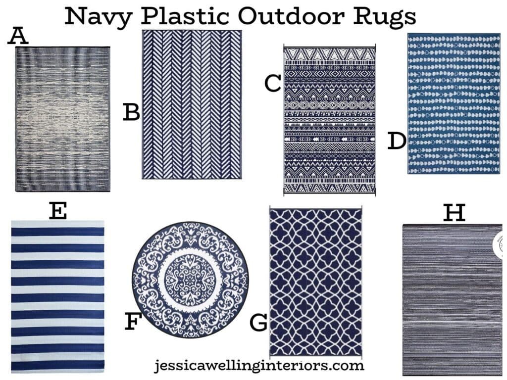 Navy Plastic Outdoor Rugs: collage of Boho plastic outdoor rugs in navy blue and white
