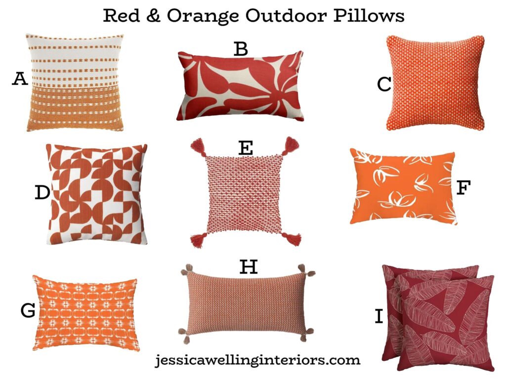 Red & Orange Outdoor Pillows: collage of Boho outdoor pillows in orange, rust and red