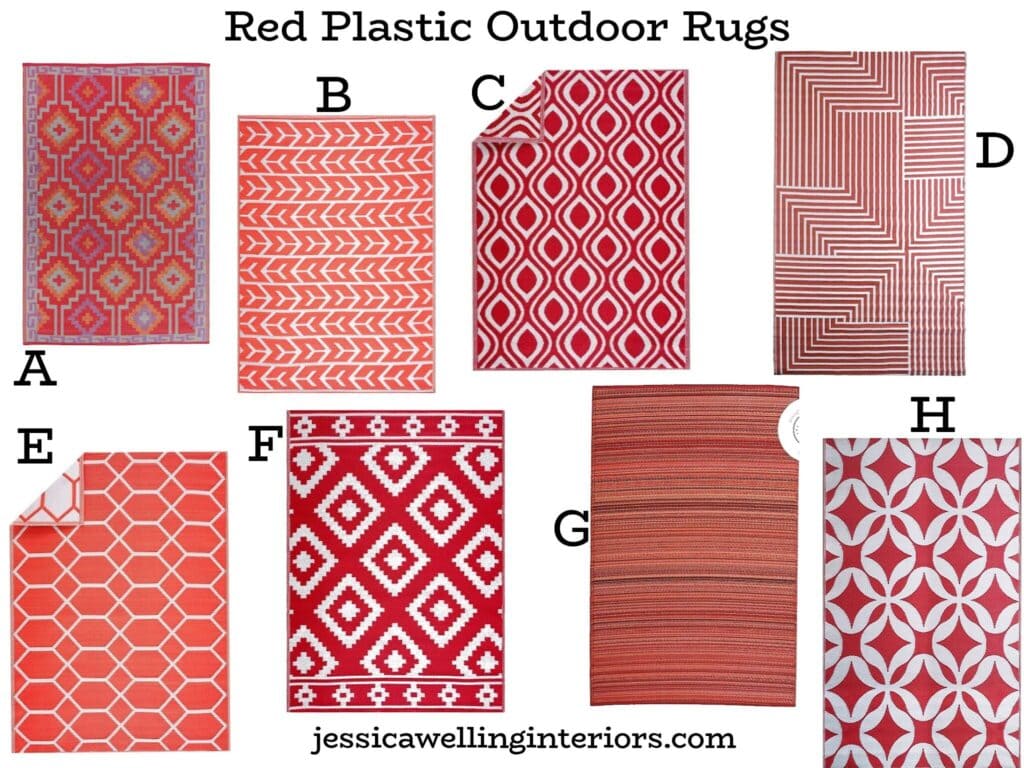 Red Plastic Outdoor Rugs: collage of red patio rugs with modern geometric patterns
