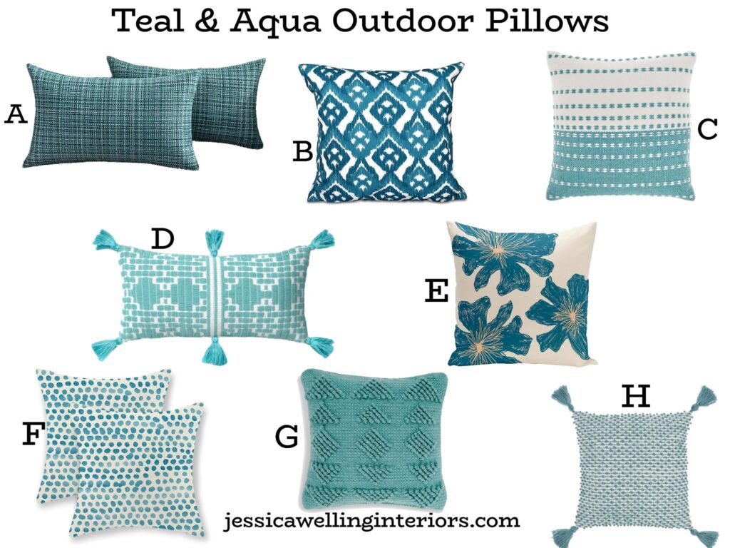 Teal & Aqua Outdoor Pillows: collage of modern Boho outdoor pillows