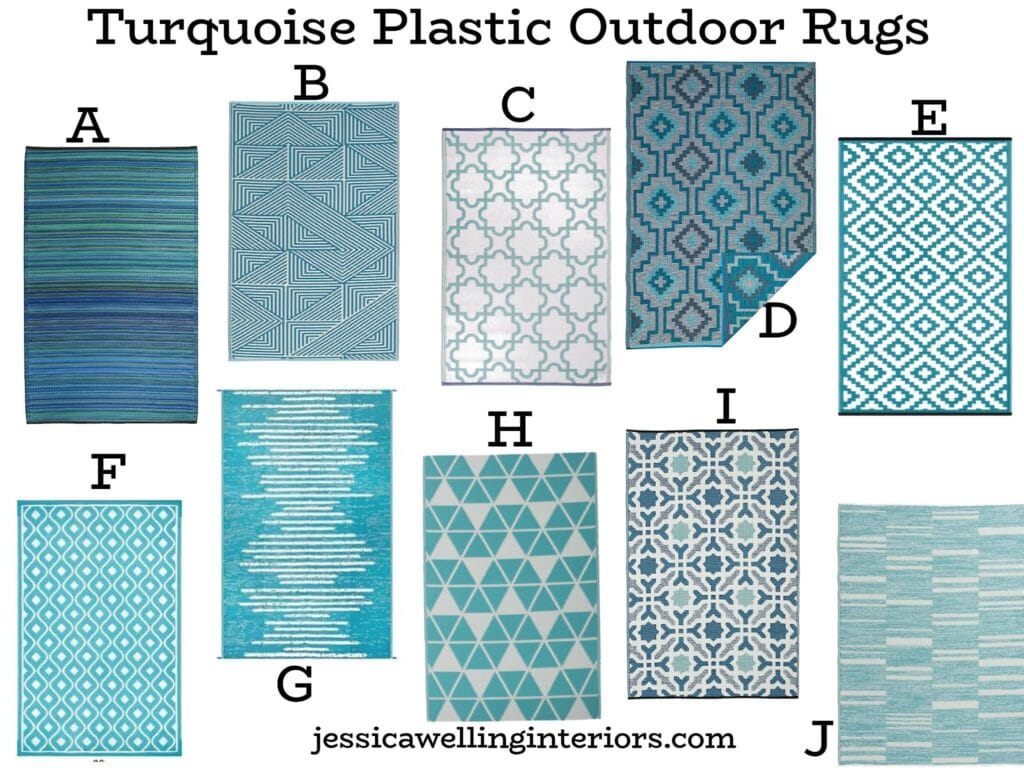 Turquoise Plastic Outdoor Rugs: collage of 10 patio rugs with aqua, turquoise, and teal patterns