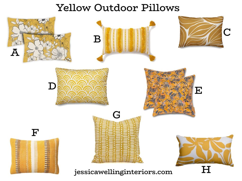 Yellow Outdoor Pillows: collage of modern Boho outdoor pillows in yellow