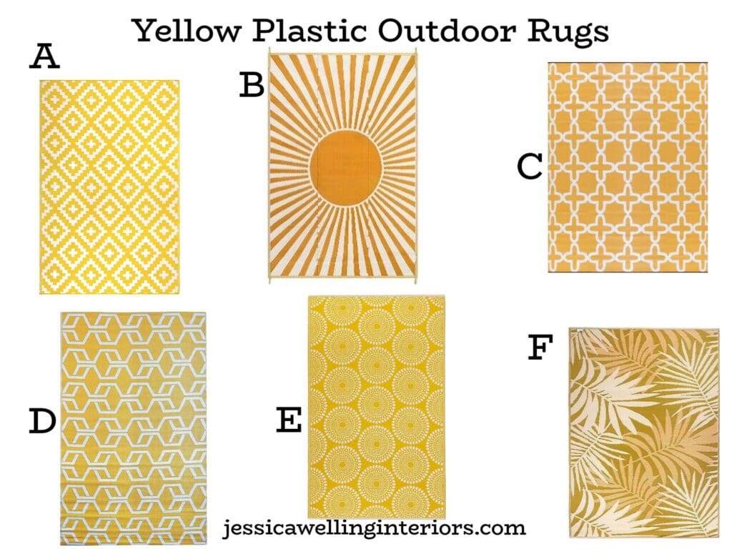 Yellow Plastic Outdoor Rugs: collage of 6 waterproof plastic rugs in yellow and mustard