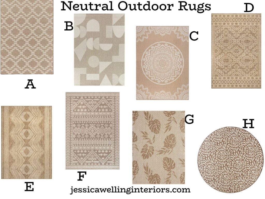 Neutral Outdoor Rugs: collage of 8 modern Boho patio rugs in beige and brown