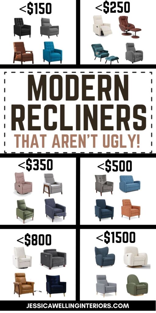 Modern Recliners That Aren't Ugly!: collage of modern recliner chairs organized by price