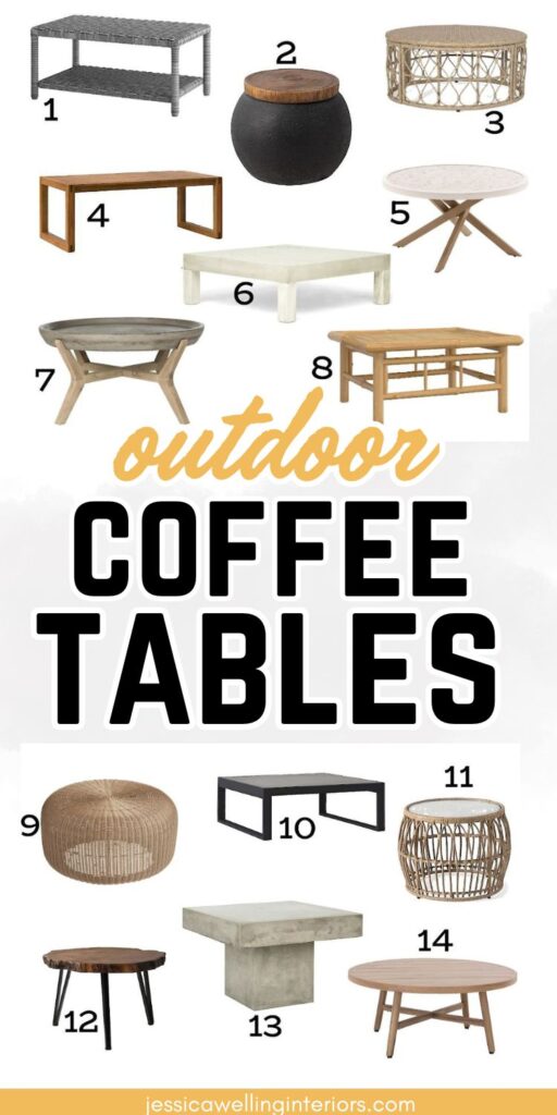 Outdoor Coffee Tables: collage of patio coffee tables in wicker, wood, teak, acacia, metal, concrete, a poly lumber